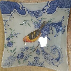 Decoupage decorative bird glass dish bowl blue white grand millennial 10 1/2” sq
